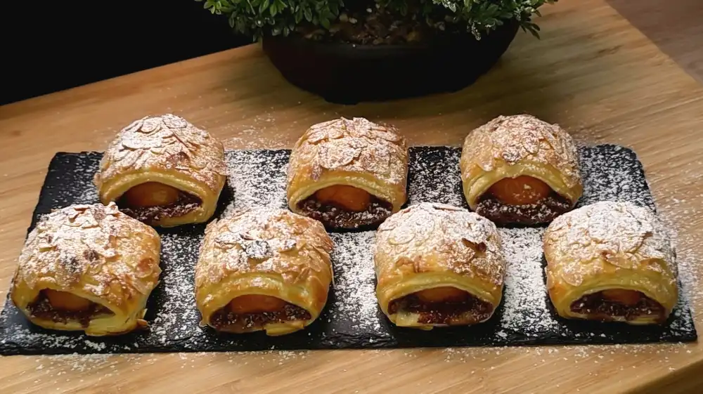 Goldbraun gebackene Blätterteig-Kissen mit gehobelten Mandeln und Puderzucker, gefüllt mit Milchschokolade und saftigen Aprikosenhälften auf einem sommerlichen Holztisch.