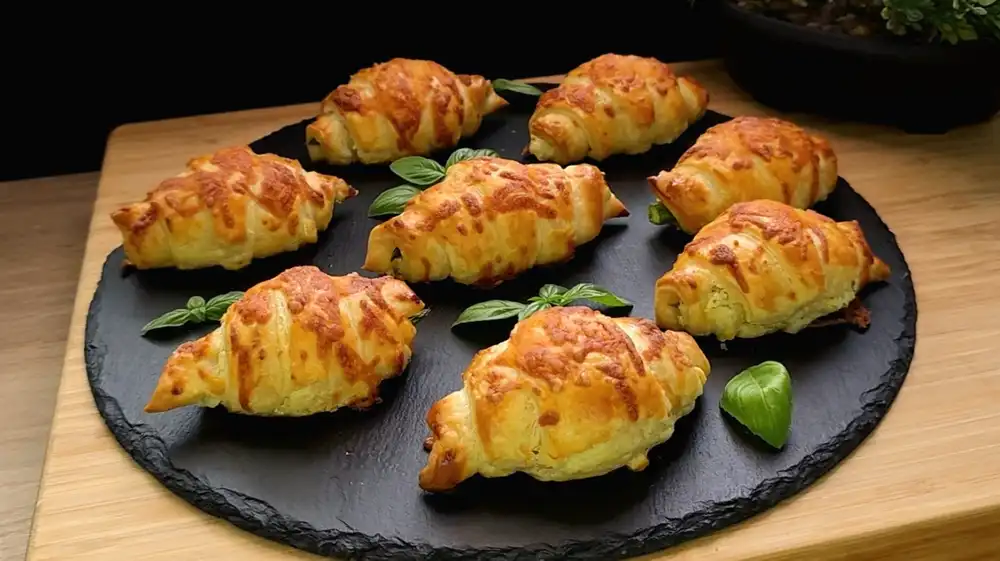 Goldbraun gebackene Blätterteig-Croissants gefüllt mit grünem Spargel und geschmolzenem Käse.