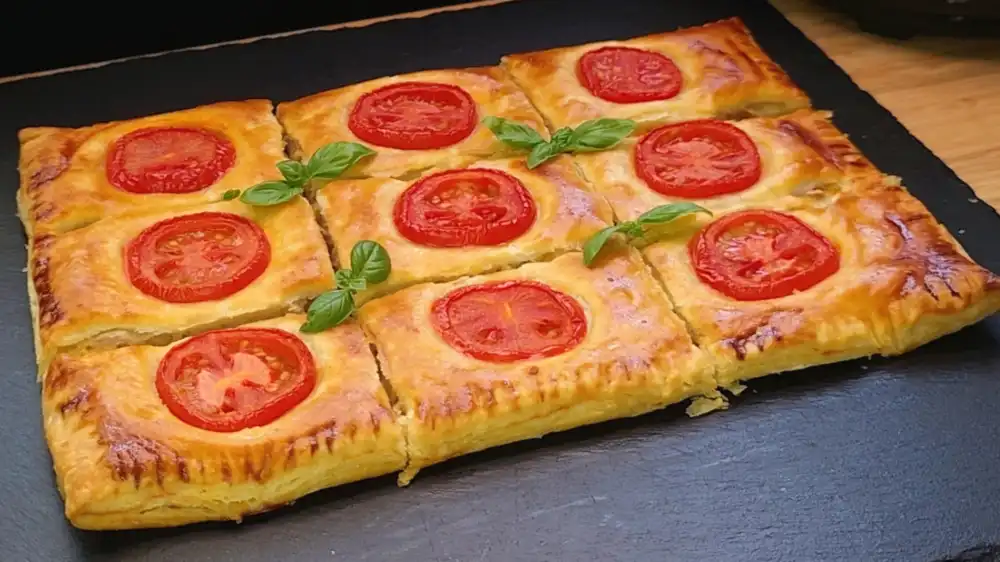 Eine Servierplatte mit neun frisch gebackenen, krossen Blätterteig-Thunfisch-Teigtaschen, die jeweils mit einer gebackenen Tomatenscheibe und Sesam garniert sind.