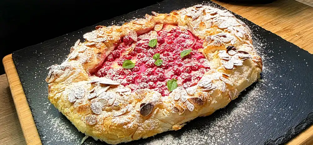 Eine frisch gebackene, runde Blätterteig-Galette mit goldbraun eingeschlagenem Rand, gefüllt mit weißer Quarkcreme, leuchtend roten Johannisbeeren und gehobelten Mandeln.