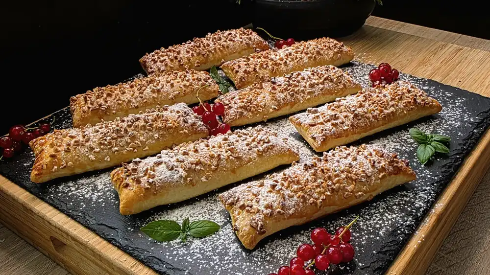 Acht goldbraun gebackene, längliche Blätterteigstangen mit einem per Gabel verzierten Rand, gefüllt mit weißer Quarkcreme, roten Johannisbeeren und mit gehackten Mandeln bestreut.