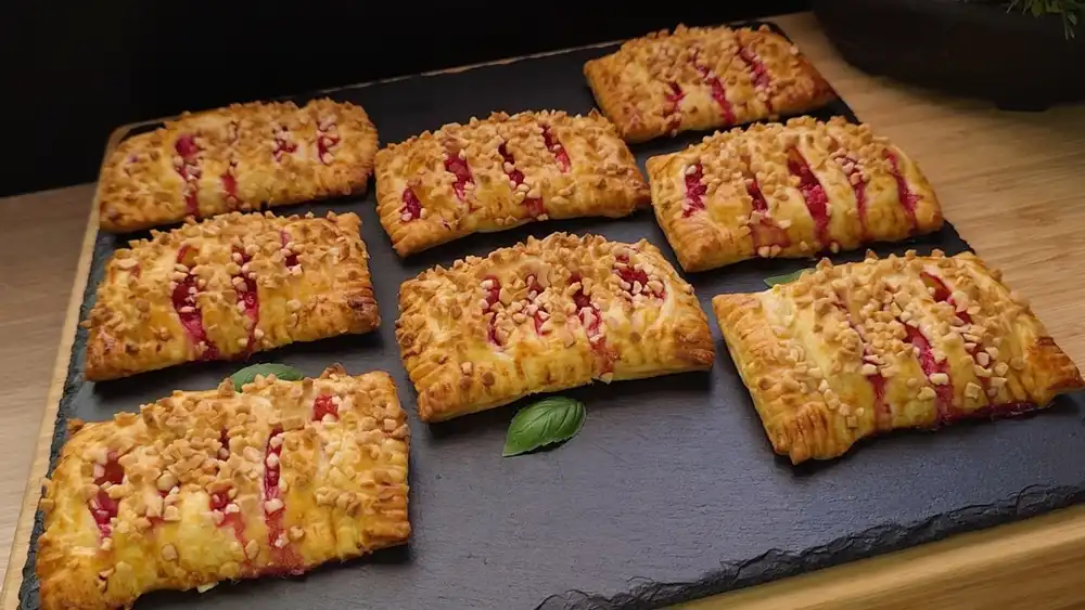 Acht goldbraun gebackene Blätterteig-Taschen mit einem dekorativ mit einer Gabel eingedrückten Rand, bestreut mit gehackten Mandeln, aus denen rote Johannisbeeren herausblitzen.