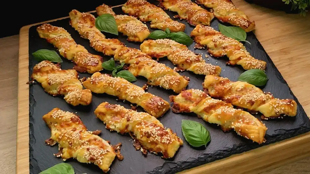Mehrere goldbraun gebackene Käse-Speck-Spirale aus Blätterteig, mit geschmolzenem Käse und Sesam bestreut auf einem rustikalen Holzbrett.