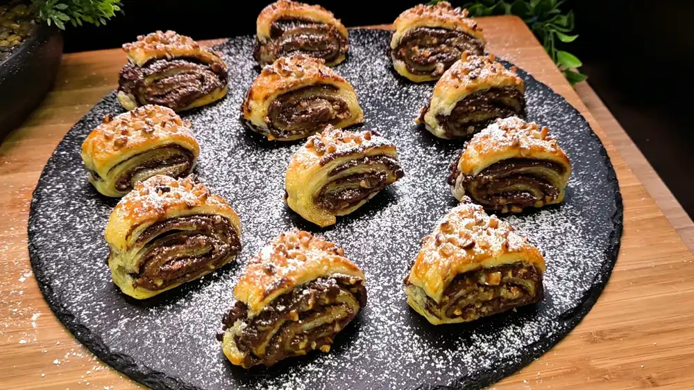 Eine rustikale Holzplatte mit goldbraun gebackenen, krossen Blätterteig-Nutella-Dreiecken, die üppig mit gehackten Haselnüssen bestreut und mit Puderzucker bestäubt sind.