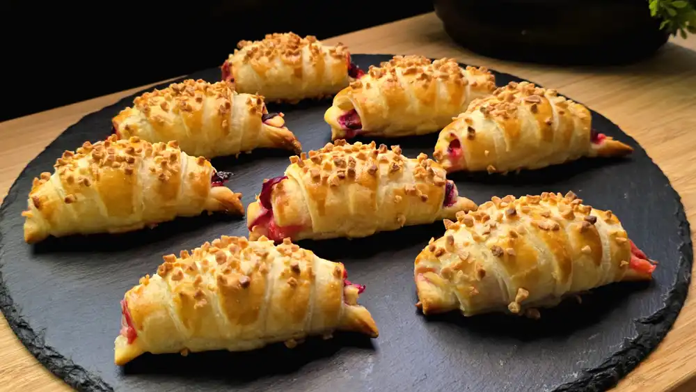 Acht goldbraun gebackene Blätterteig-Croissants mit gehackten Mandeln, aus denen etwas weiße Quarkcreme und lila Pflaumenstücke herausschauen.