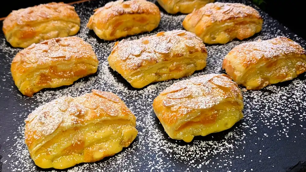 Eine weiße Etagere mit zehn goldbraun gebackenen Blätterteig-Quark-Mandarinen-Kissen, dekoriert mit gehobelten Mandeln und feinem Puderzucker.