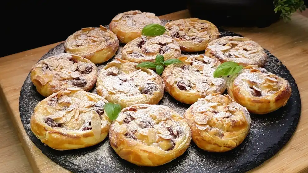 Mehrere goldbraun gebackene Quark-Sauerkirsch-Schnecken aus Blätterteig, reichlich mit gehobelten Mandeln und Puderzucker bestreut auf einer Etagere.