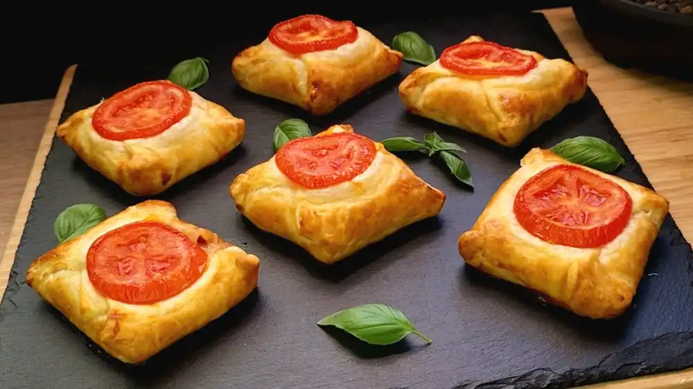 Sechs frisch gebackene, rechteckige Blätterteigtaschen mit einer goldbraunen Kruste, gekrönt mit einer saftigen Tomatenscheibe und geschmolzenem Mozzarella.