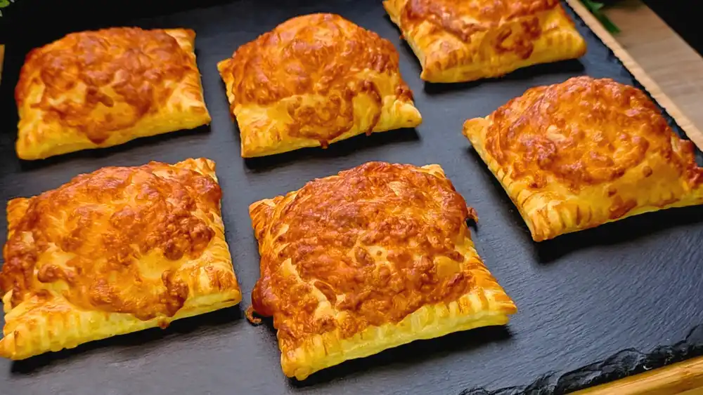 Sechs goldbraun gebackene Blätterteig-Taschen mit einer knusprigen Schicht aus geschmolzenem, geriebenem Käse und markantem Gabelmuster am Rand auf einer Servierplatte.