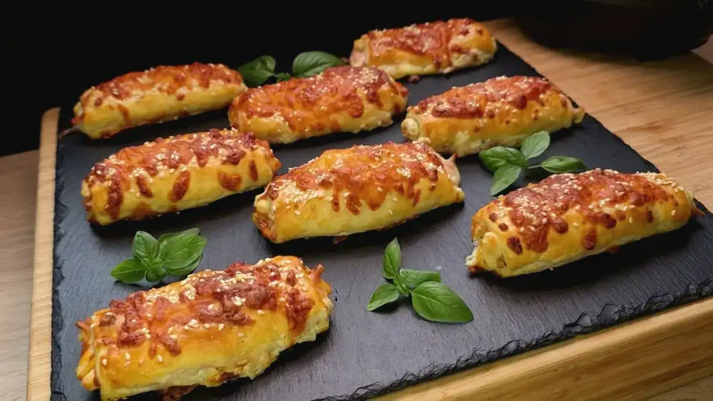 Acht frisch gebackene, längliche Blätterteig-Stäbchen mit goldbrauner Kruste, gefüllt mit Kräuterfrischkäse, saftigem Schinken und schmelzendem Käse, bestreut mit Sesam.