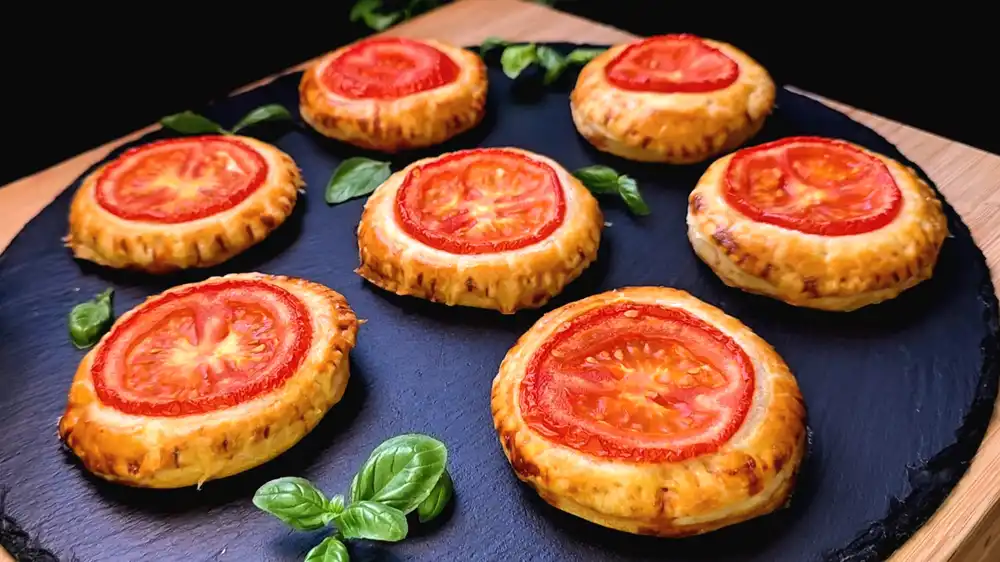 Sieben goldbraun gebackene, runde Schinken-Käse-Taschen aus Blätterteig, jeweils mit einer gebackenen Tomatenscheibe belegt, angerichtet auf einem dunklen Holzbrett.