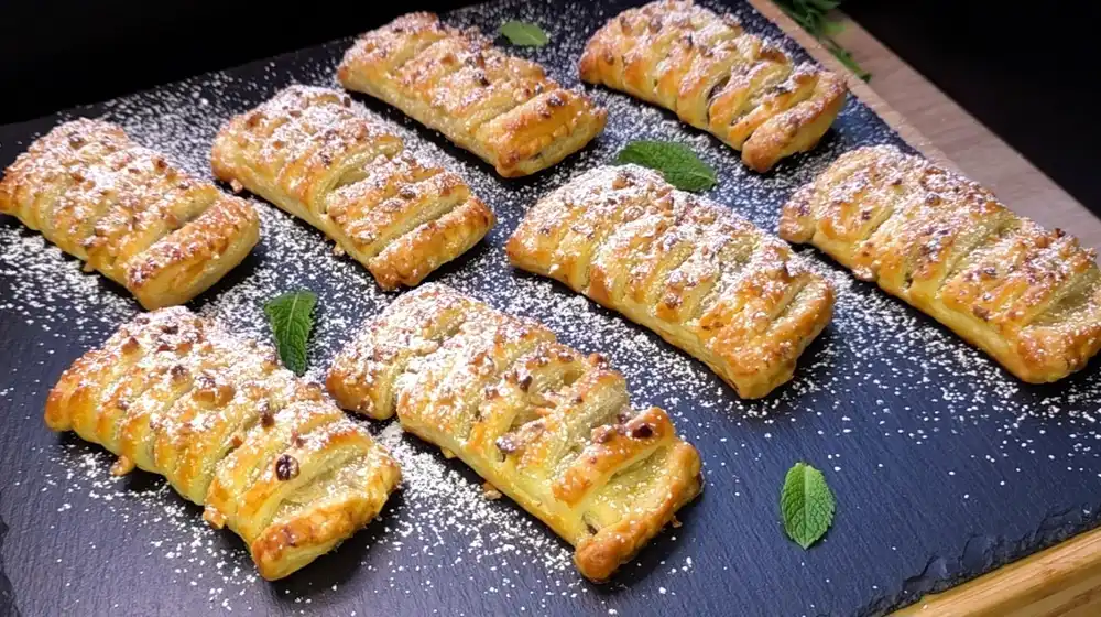 Acht frisch gebackene Blätterteigtaschen mit dekorativem Streifenmuster, gefüllt mit geschmolzener Schokolade und Banane, fein bestäubt mit Puderzucker.