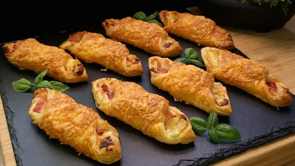 Acht goldbraun gebackene, knusprige Blätterteigtaschen mit einer extra Schicht geschmolzenem Käse auf der Oberseite, gefüllt mit Kräuterfrischkäse und Speck.