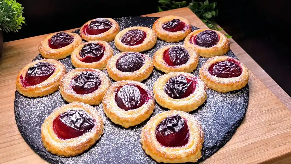 Eine sommerliche Kaffeetafel im Freien mit einer Platte voller goldbraun gebackener Blätterteig-Zwetschgen-Taler, verziert mit feinem Puderzucker.