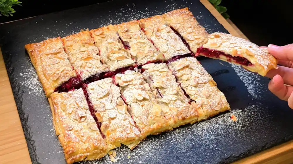 Goldbraun gebackene Blätterteig-Beeren-Vanille-Riegel mit gehobelten Mandeln und Puderzucker bestäubt auf einem Holzbrett.
