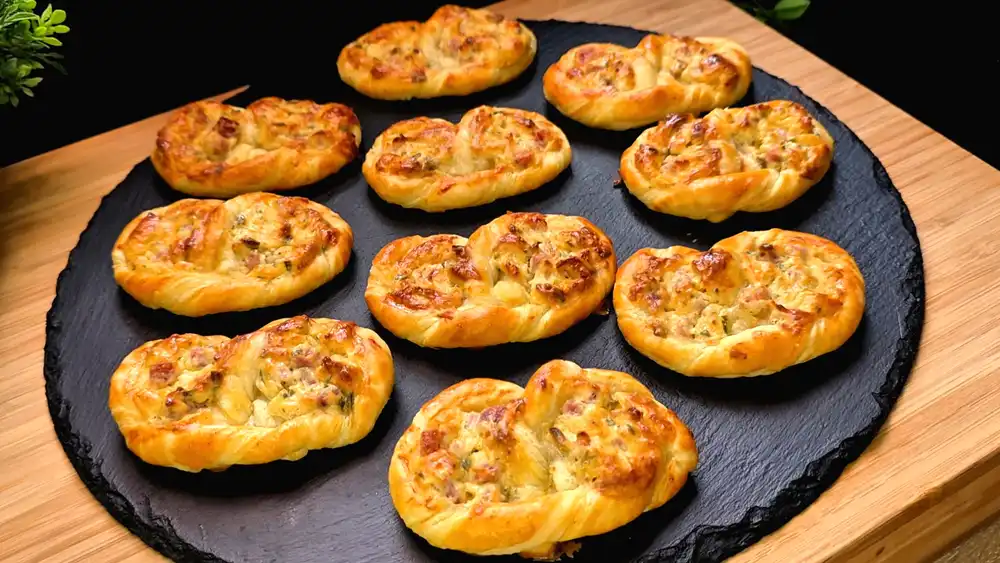 Goldbraun gebackene Blätterteig-Flammkuchen-Brezeln mit Schinken und geschmolzenem Käse in einer Brotdose für den Schulstart.