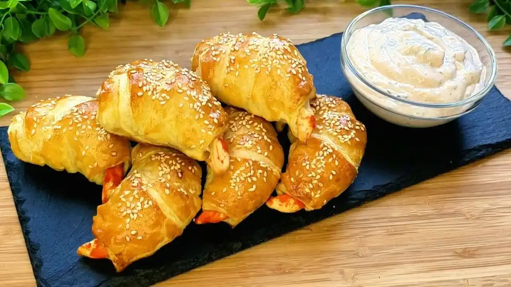 Goldbraun gebackene Blätterteig-Surimi-Hörnchen mit Sesamsamen auf einer Holzplatte, serviert mit einer Schale Würz-Dip.