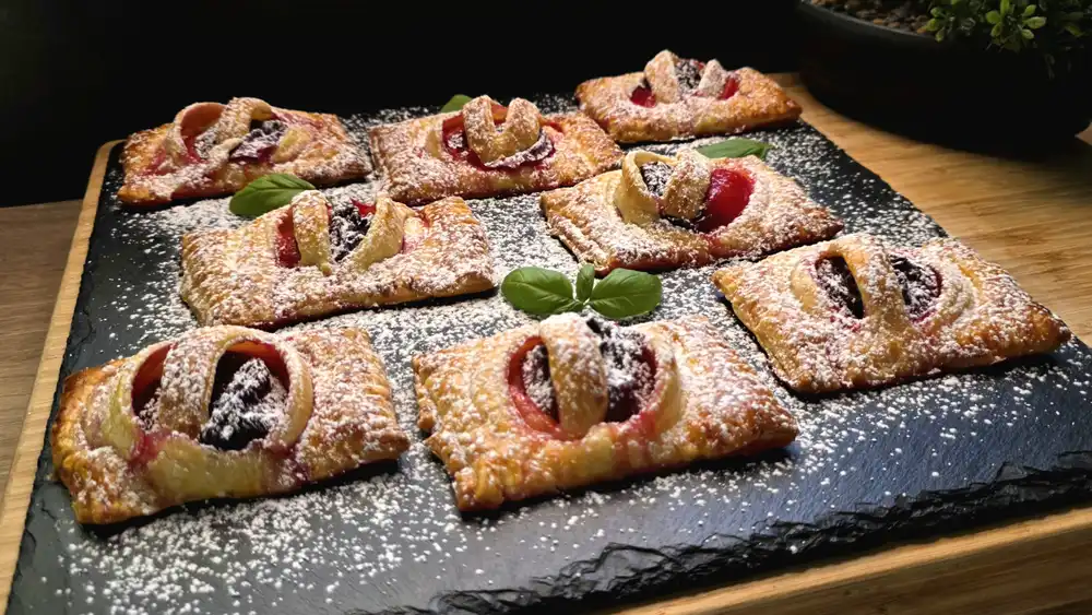 Goldbraun gebackene Blätterteig-Quark-Pflaumen-Taschen mit feinen Teigeinschnitten und Puderzucker bestäubt auf einem Holzbrett.