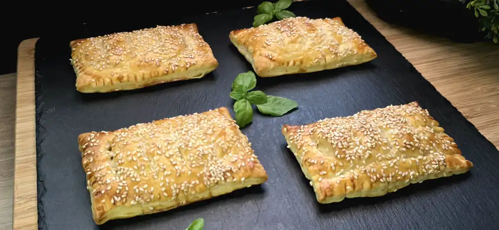 Goldbraun gebackene Schinken-Käse-Taschen mit Ei und Sesam in einer Schul-Brotdose.