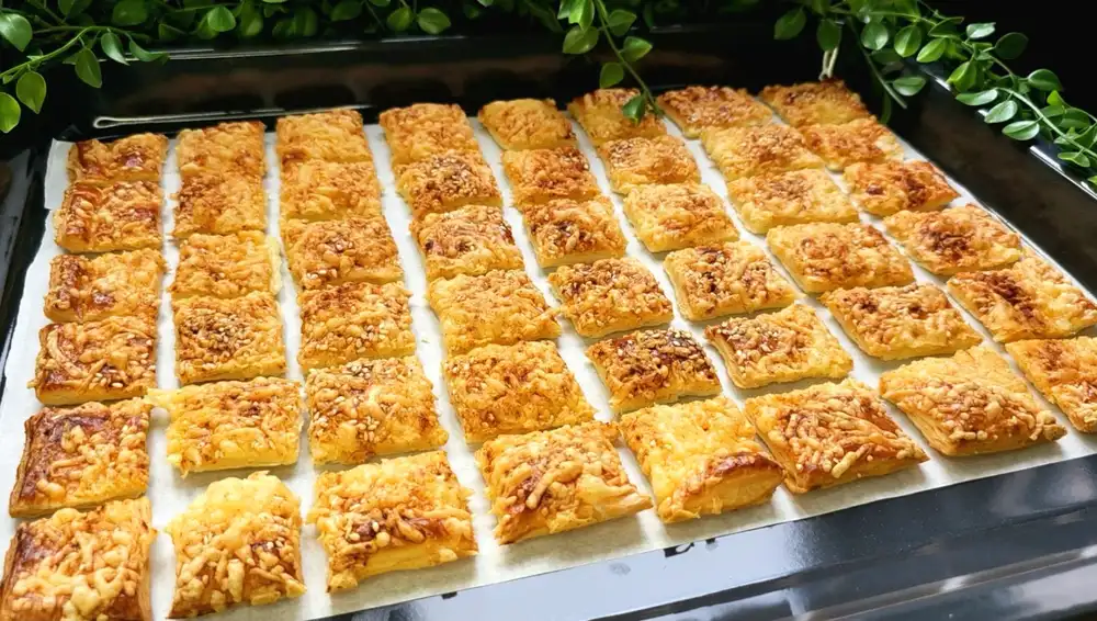 Kleine Käse-Häppchen aus Blätterteig mit Sesam