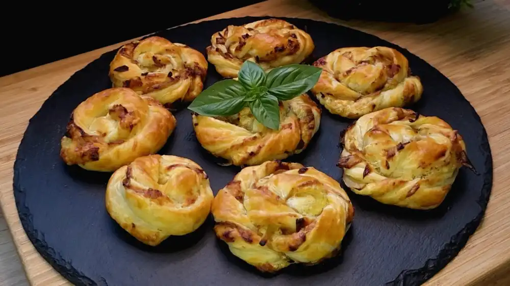 Gedrehte Blätterteig-Schnecken mit Zwiebeln und Käse