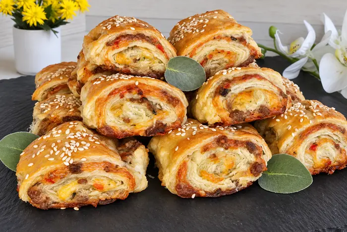 Hackfleisch-Blätterteig-Rollen mit Käse und Sesam