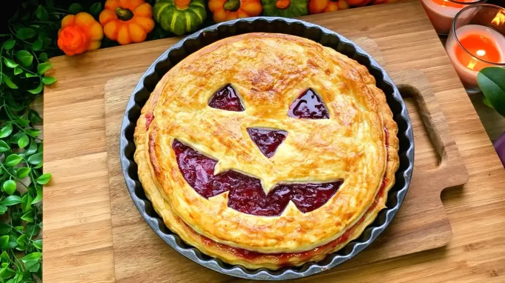 Halloween Käsekuchen aus Blätterteig mit Preiselbeermarmelade