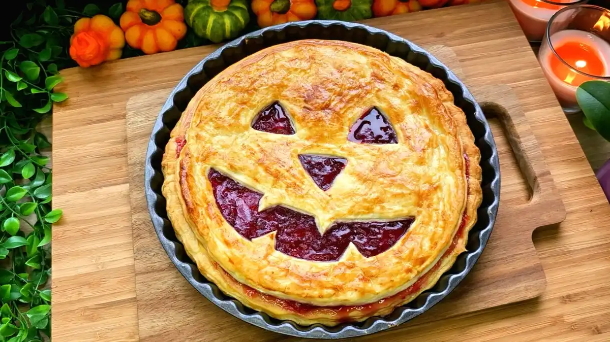 Gruseliger Halloween-Käsekuchen aus Blätterteig mit Quark und Preiselbeeren
