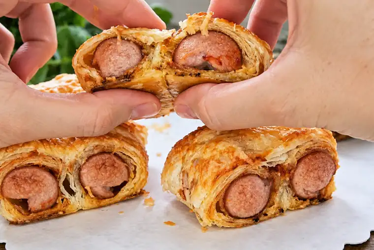 Nahaufnahme von Käse-Würstchen-Röllchen aus Blätterteig