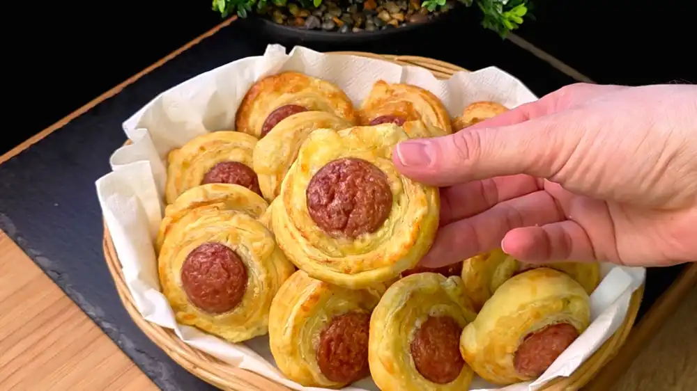 Nahaufnahme einer knusprigen Käseschnecke aus Blätterteig mit Krakauer und Käse