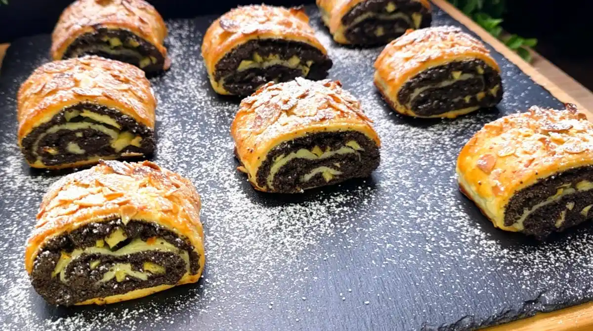 Mohn-Apfel-Rolle aus Blätterteig mit Mandeln