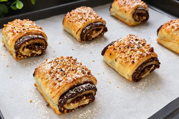 Nutella-Bananen-Röllchen aus Blätterteig mit Haselnüssen