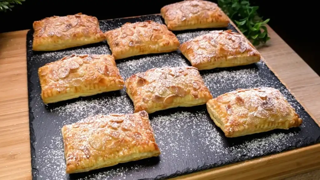 Quark-Taschen aus Blätterteig mit Erdbeermarmelade und Mandeln