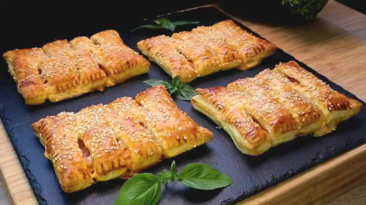 Schinken-Käse-Taschen aus Blätterteig mit rotem Pesto