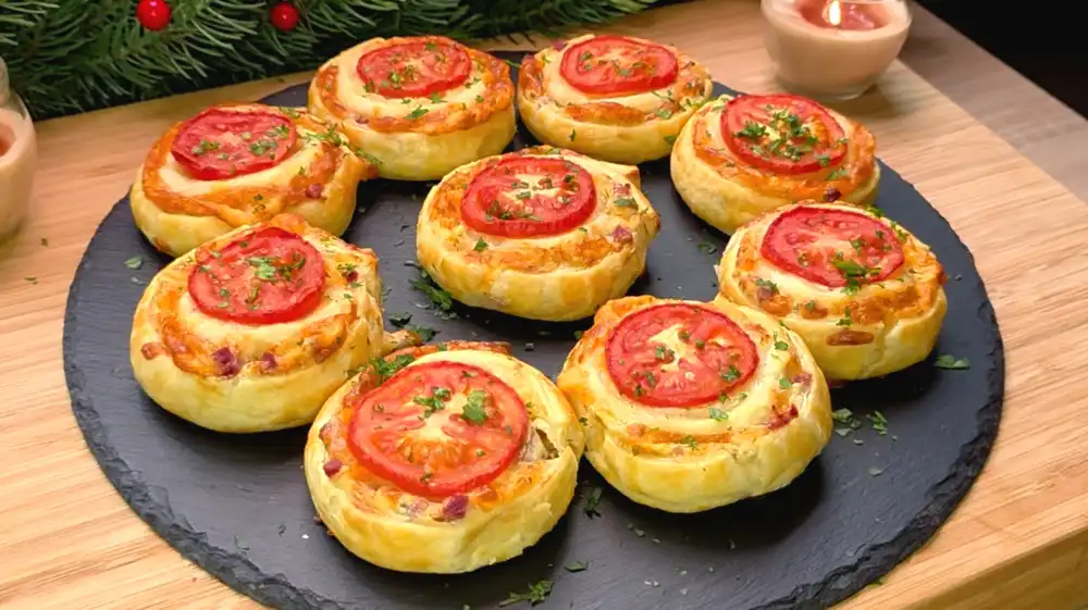 Knusprige Schinken-Käse-Tomaten-Schnecken aus Blätterteig