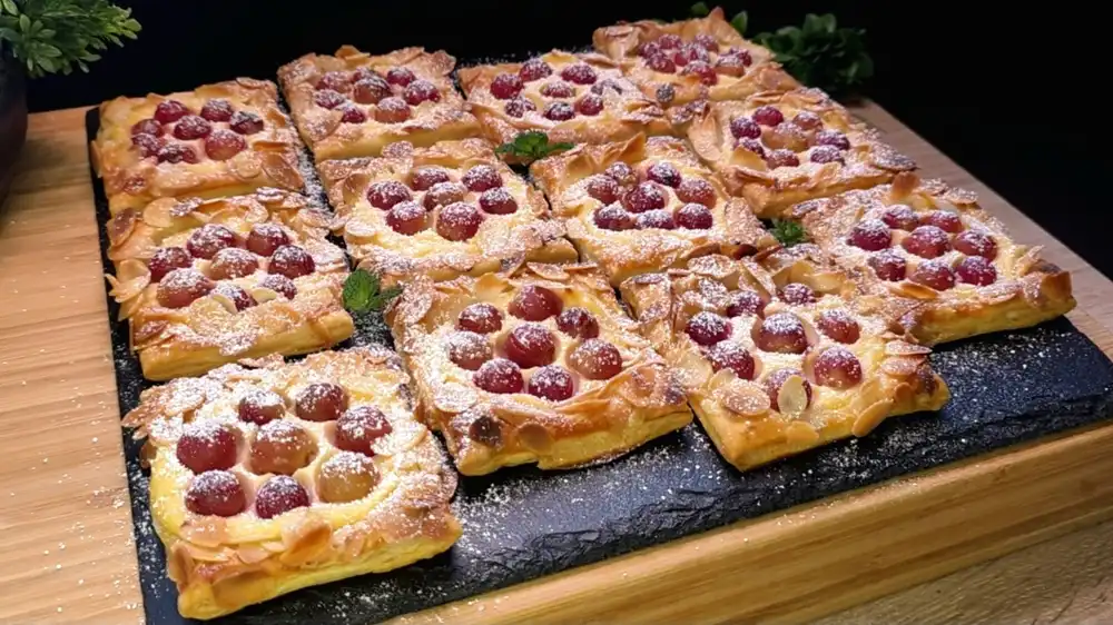Goldbraun gebackene Trauben-Quark-Mini-Kuchen aus Blätterteig mit gehobelten Mandeln und Puderzucker.