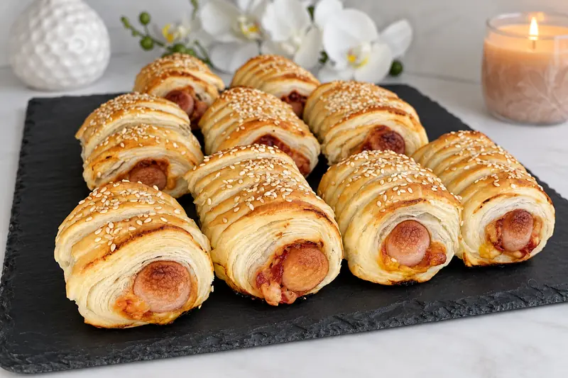 Würstchen im Blätterteig mit Käse und Tomatensoße