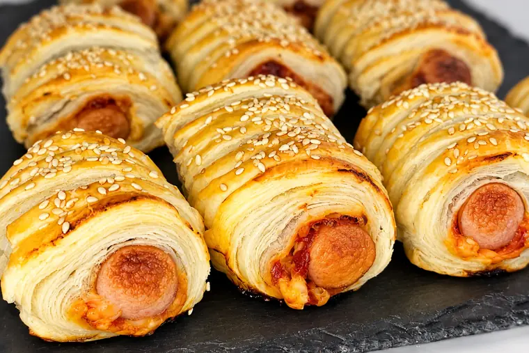 Nahaufnahme von Würstchen im Blätterteig mit geschmolzenem Käse