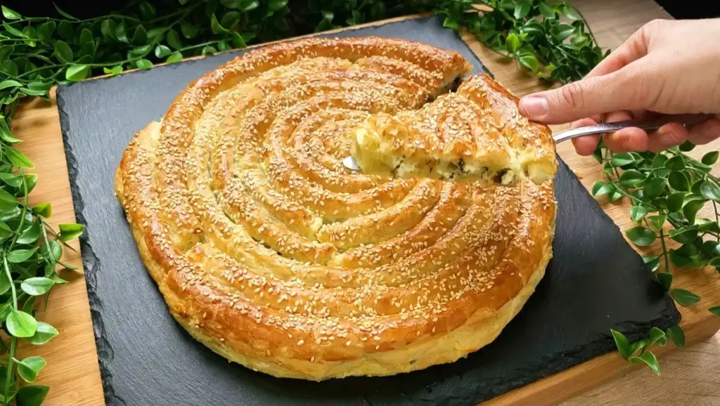 Börek-Schnecke aus Blätterteig mit Spinat, Feta und Sesam