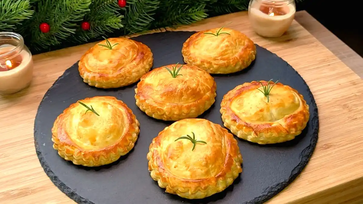 Sechs goldbraune Camembert-Speck-Mini-Kuchen aus Blätterteig