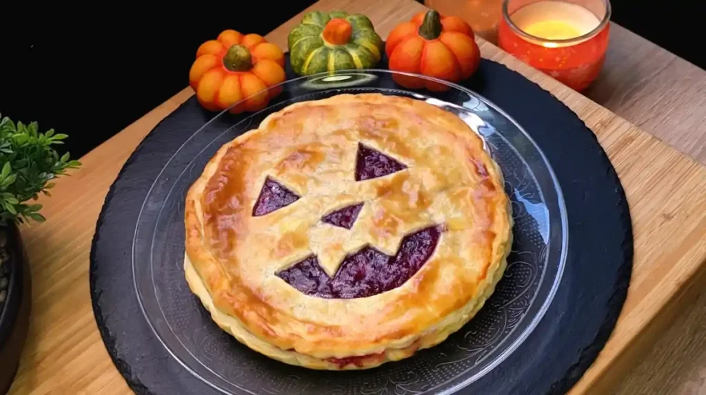 Halloween-Quarkkuchen aus Blätterteig mit Preiselbeermarmelade