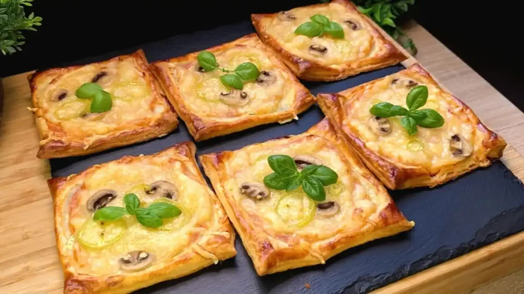 Mini-Pizza aus Blätterteig mit Schinken, Käse und Pilzen