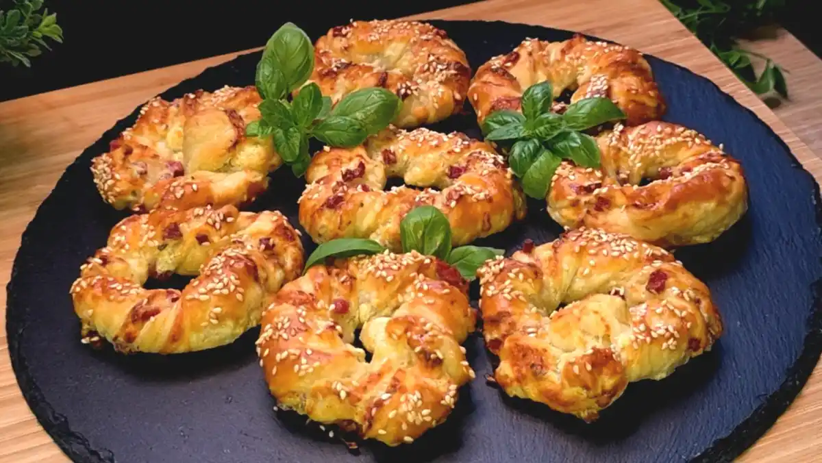 Schinken-Käse-Ringe aus Blätterteig mit Kräuterfrischkäse