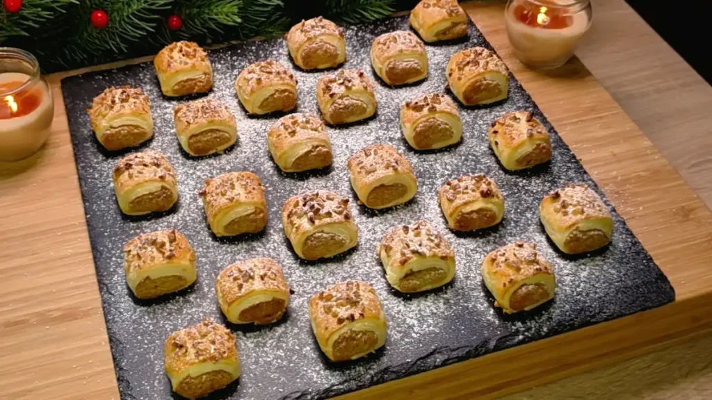 Walnuss-Häppchen aus zwei gefüllten Blätterteigrollen