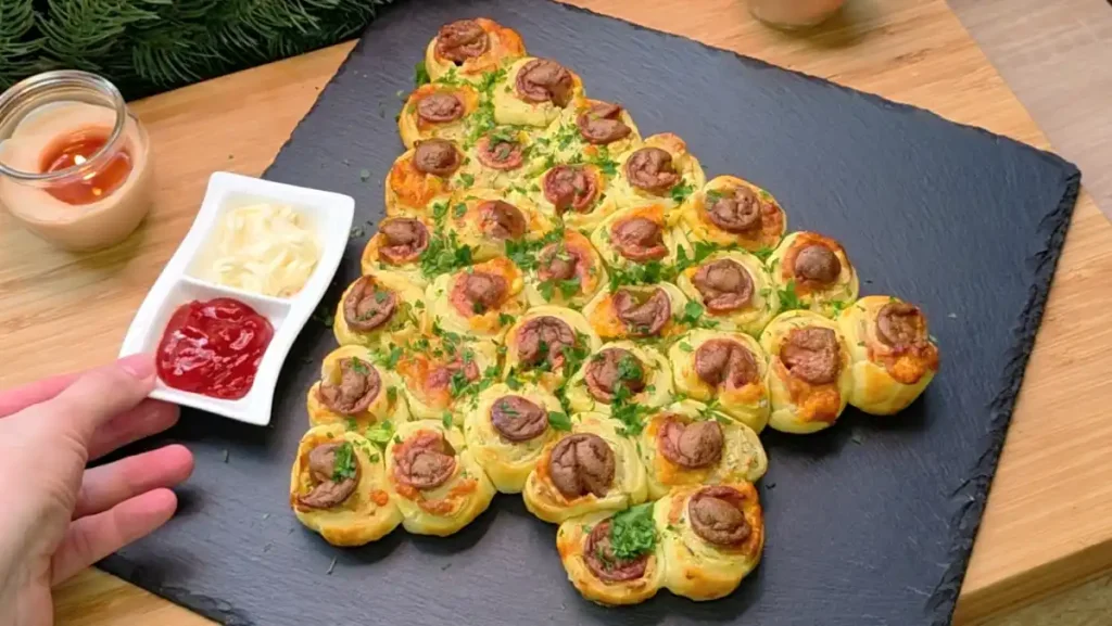 Fünf gefüllte Würstchen-Käse-Tannenbäume mit Sesam